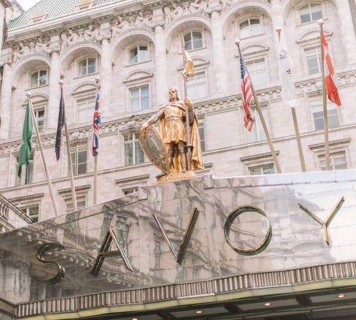 The iconic Savoy sign, welcoming guests to The Savoy Hotel, London, since 1889.