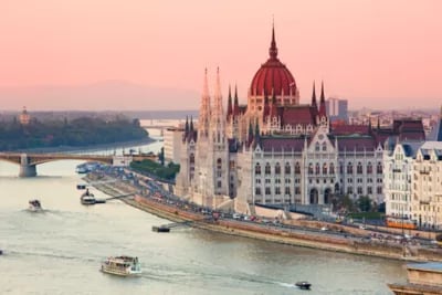 A tram entering Liberty Bridge in Budapest, Hungary