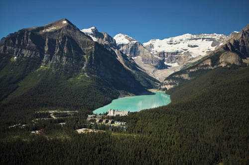 Ariel image of Fairmont Chateau Lake Louise | Photo Credit: Paul Zizka
