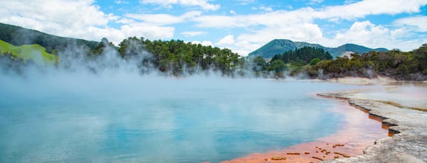 Beautiful view of Champagne pool an iconic tourist attraction of Wai-O-Tapu the geothermal wonderland in Rotorua, New Zealand.