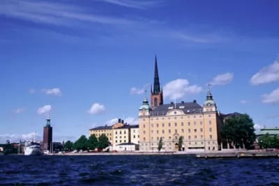 A golden Royal Crown on the Skeppsholm bridge in Stockholm